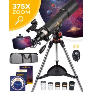 RP® Telescoop 375x Zoom incl 4 lenzen - Sterrenkijker Volwassenen / Gevorderden - Verstelbaar Statief - Afstandsbediening, Planisfeer, Leerboek en Smartphone Adapter + Poster - CARBON