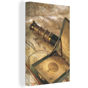 Canvas Wereldkaart - 80x120 - Wanddecoratie Vintage kompas en telescoop op wereldkaart