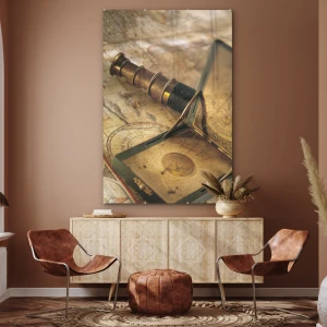 MuchoWow® Glasschilderij - Vintage kompas en telescoop op wereldkaart - 100x150 cm - Acrylglas Schilderijen - Foto op Glas