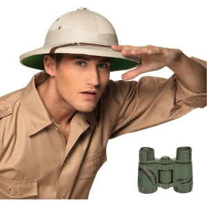 Carnaval verkleed Tropenhelm - beige - Ontdekkingsreiziger - met kleine verrekijker - volwassenen - jungle onderzoeker