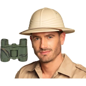 Carnaval verkleed Tropenhelm - beige - Ontdekkingsreiziger - met kleine verrekijker - volwassenen - jungle onderzoeker