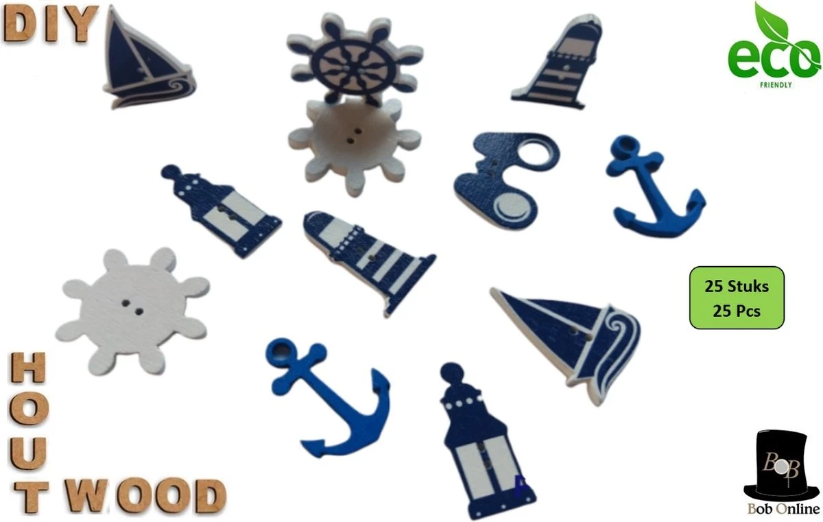Bob Online ™ - 25 Stuks - Mixed Setje - Knoop - Houten Geschilderd Maritiem Vormige Knopen met 2 Gaatjes - Anker, Zeilboot, Vuurtoren, Verrekijker, scheepswiel + Lantaarn versieringen - Knutselen, Naaien, Scrapbooking, Accessoires, Kaarten Maken
