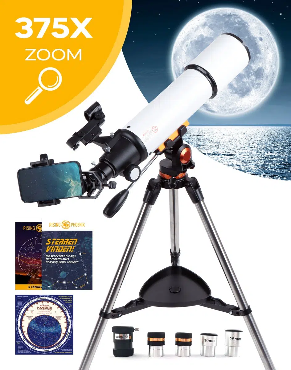 RP® Telescoop 375x Zoom met Planisfeer, 4 lenzen, Smartphone Adapter, Leerboek en Poster - Sterrenkijker - met Afstandsbediening