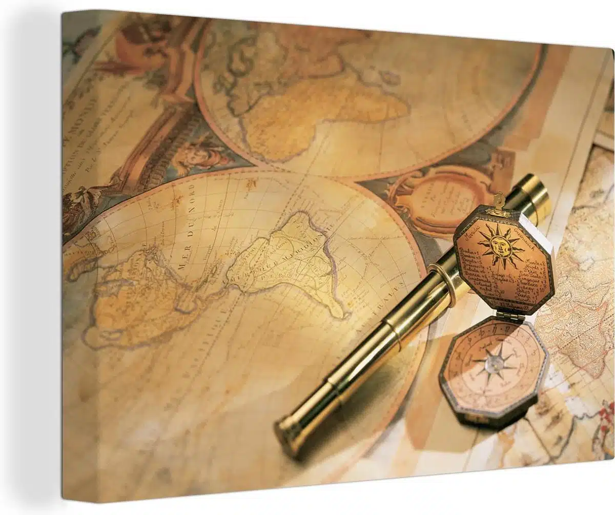 Canvas Wereldkaart - 180x120 - Wanddecoratie Oude verrekijker en kompas op wereldkaart