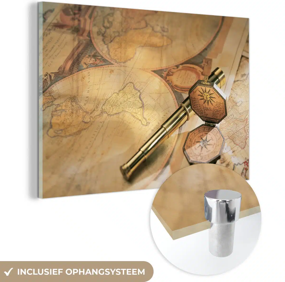 MuchoWow® Glasschilderij - Oude verrekijker en kompas op wereldkaart - 60x40 cm - Acrylglas Schilderijen - Foto op Glas