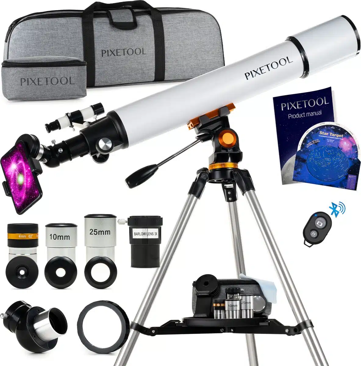 Pixetool Telescoop - 525x Vergroting - Sterrenkijker Volwassenen / Gevorderden / Beginners - Inclusief App - Inclusief Statief en Draagtas - 70070