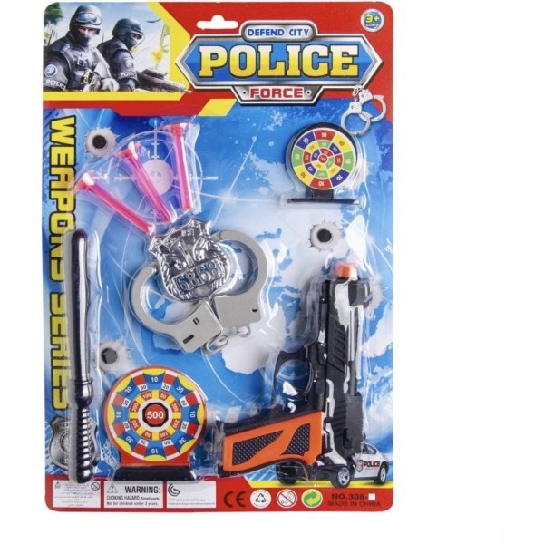 Politie set-speelgoed-plastic pistool-plastic knuppel-plastic handboeien-3 pijltjes-plastic horloge-verrekijker