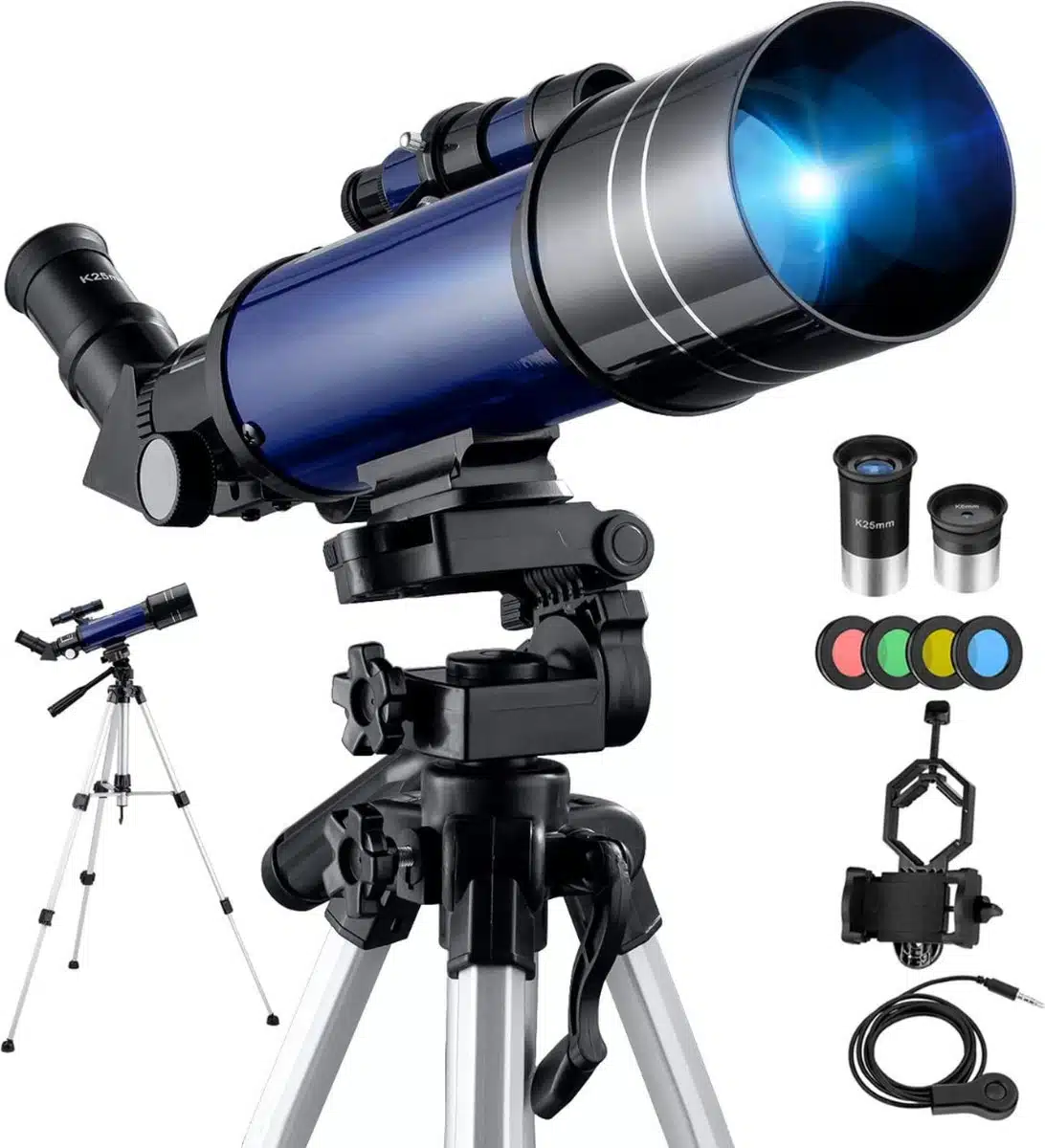 Refractor Telescoop - Sterrenkijker voor Beginners en Kinderen met Verstelbaar Statief, Fotosluiter, 4-Maanfilter, Houder voor Telefoonadapter en Rugzak